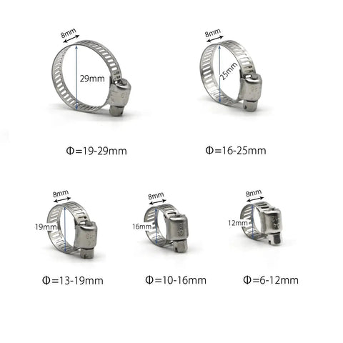 Various sizes of stainless steel worm gear hose clamps set, including 16-25mm range, from the 100 pack with 304 stainless steel.