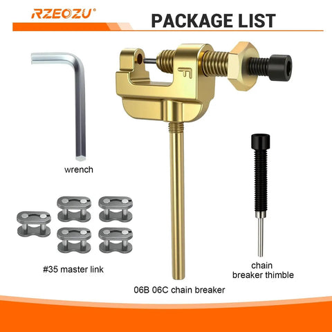35 Chain Breaker Tool For T8F Roller Chains With 3mm Pin Replacement For Worn Out Links On Mountain Bikes Electric Bikes Bicycles ATVs shown with components including wrench and master links.