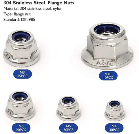 Beefy Flange Lock Nuts With Nylon Insert, 304 Stainless Steel DIN985, Assorted Sizes M4 to M10, 74-Piece Kit Display