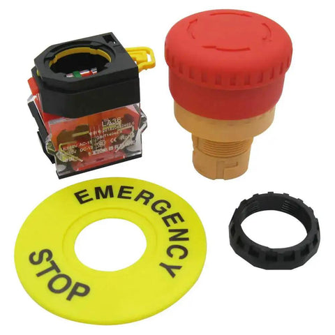 Red Mushroom Emergency Stop Push Button Switch 22mm Mount Hole 2NC Latching 600V AC 10A with yellow emergency ring
