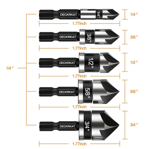 5 Pcs Countersink Drill Bit Set With 82 Degree 5 Flute Bits, One Quarter Inch Quick Change Hex Shank, Sizes One Quarter Inch To Three Quarter Inch For Metal Wood And Plastic, Pro Grade, Heavy Duty, Flush Screw Prep, Ideal For Carpentry Metalworking And, showing 5 bits with size labels
