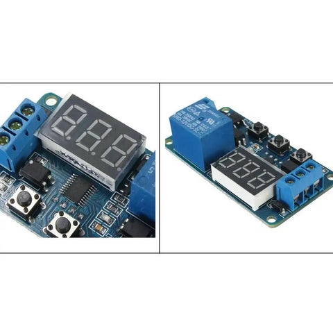 Close-up of DC 12V time delay relay module with LED display, 999-min digital timer for automation, industrial grade.
