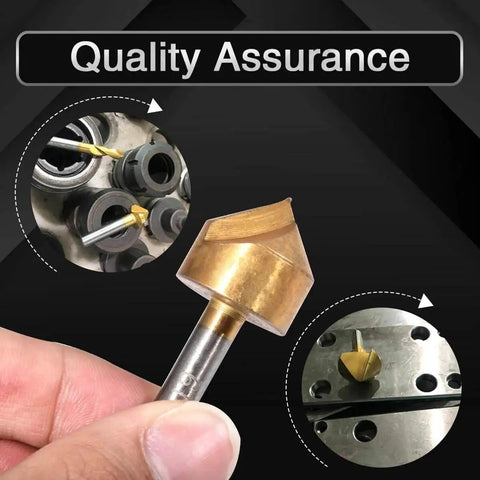 Three Piece HSS Chamfer Countersink End Mill Set For Woodworking With 90 Degree Single Flute Titanium Plated Cutter Bits shown in use