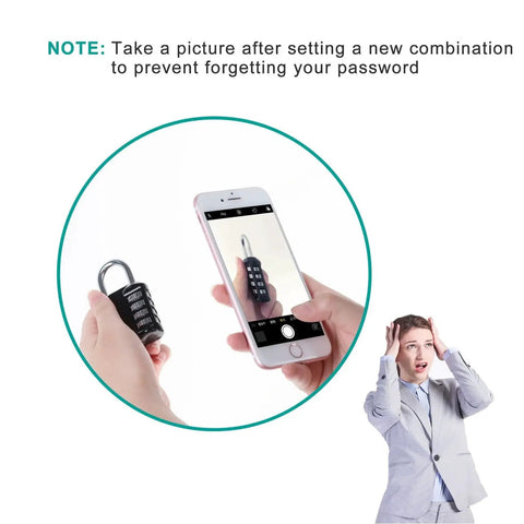 Hands holding phone showing 4 Digit Combination Padlock For Outdoor, School And Gym Pink to prevent password forgetfulness.