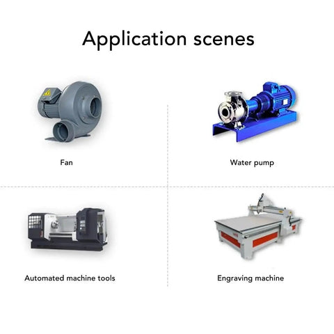 Application scenes for Compact 400W Variable Frequency Drive Inverter with fan, water pump, automated tools, and engraving machine.