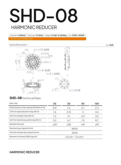 Technical drawing and specifications of SHD-08 harmonic reducer for Mini Hollow Nema 11 BLDC Motor Speed Reducer 42mm Gearbox