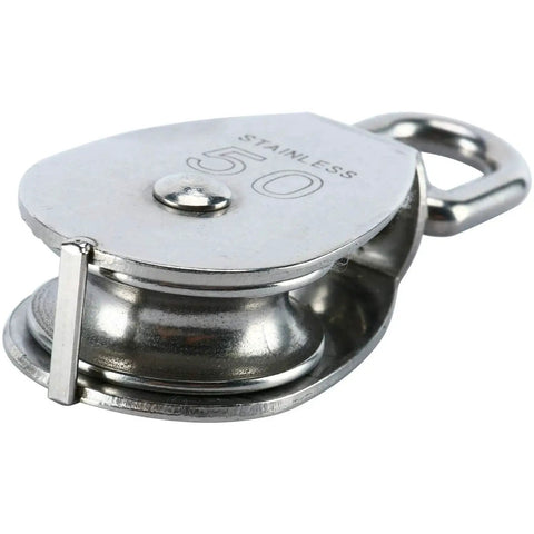 Close-up of Two Pack M50 Single Pulley Block in 304 Stainless Steel for Lifting and Rigging with 360 Degree Swivel Ring, showing durability.