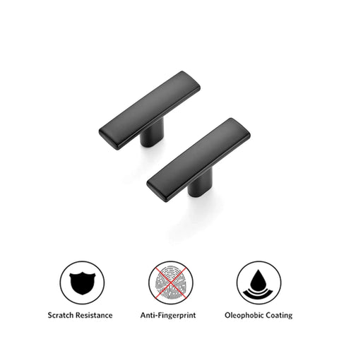 Two curved matte black cabinet pulls with scratch resistance icons, part of a 10 pack for kitchen and home cabinets, zinc alloy.