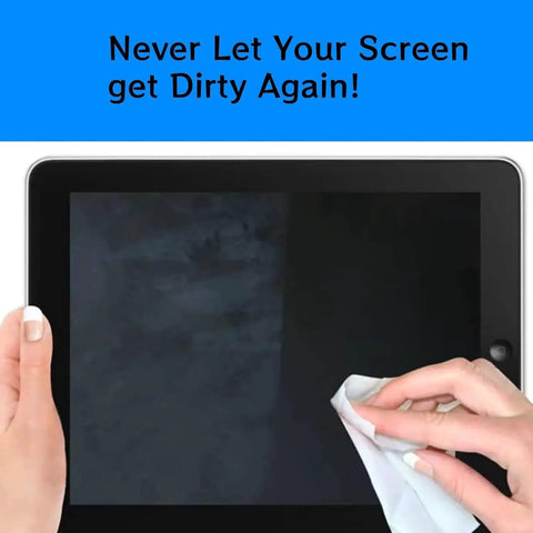 Person cleaning tablet screen with Hearing Aid Cleaning Towelettes Kit With 160 Wipes And Battery Keychain, blue text above.