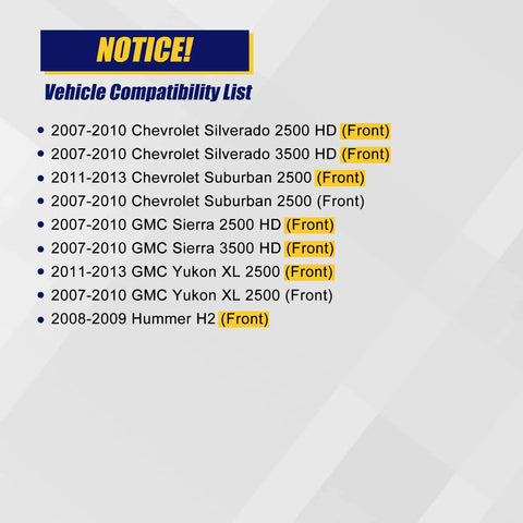 Notice with vehicle compatibility list for Front Wheel Bearing Hub Assembly 515098 For Chevy Silverado Suburban 2500 3500 GMC Sierra Yukon XL 2500 Hummer H2 2008 2009 With ABS And 8 Lug Bolts Replacement Part
