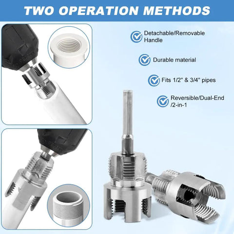 2 Pack Pipe Threading Tool For Internal And External Threads Dual End One Half Inch And Three Quarter Inch NPT Dies For PPR PVC MPP Pipes With Hex Shank For Power Drills And Inside Pipe Cutter DIY Friendly Silver, featuring detachable handle and dual operation methods.