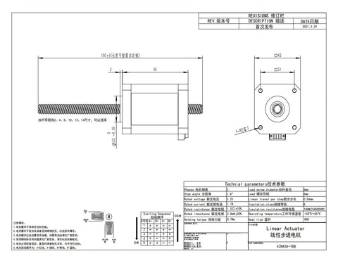 Technical drawing showing front and side views of a NEMA23 through-shaft lead-screw stepper motor linear actuator