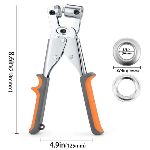 One Hand Operation Grommet Kit 3/8 Inch Heavy Duty Handheld Manual Press With Hole Punch And 500 Eyelets, tool dimensions shown.