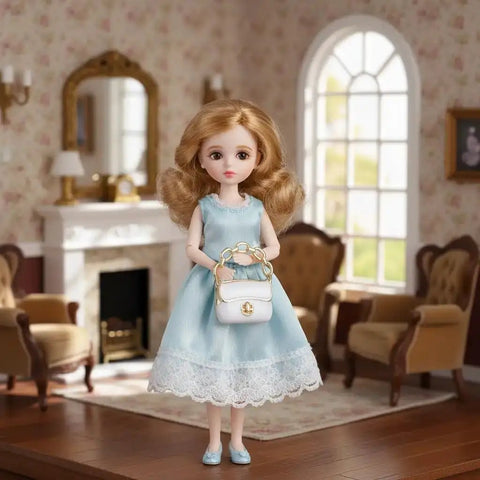 Doll with blue dress holding a purse from Three Pack Mini Handbag Set For Dollhouse Decor And DIY Jewelry Charms, miniature room setup