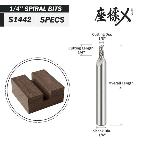 O Flute Upcut Spiral CNC Router Bit For Plastics And Soft Materials One Eighth Inch Diameter One Quarter Inch Shank Two Inch Overall Length Single Flute End Mill For Smooth Fast Chip Removal Pro Grade ZahyoX with dimensions shown in diagram alongside a routed wood block.