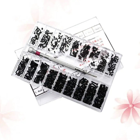 Miniature Screw Set Kit With Three Kinds Flat Countersunk Machine Screws Assortment Box Tool Box For Repair Pros And DIYers Carbon Steel Tiny Fasteners For Precision Projects in plastic organizer.