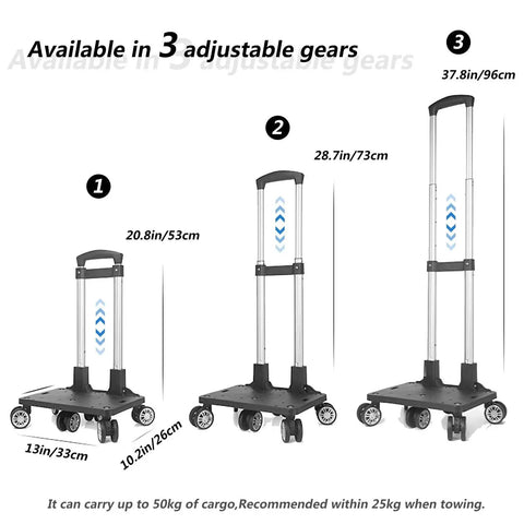 Folding Five Wheel Luggage Cart With Adjustable Height In Three Positions, showing height levels and compact design with wheels visible.