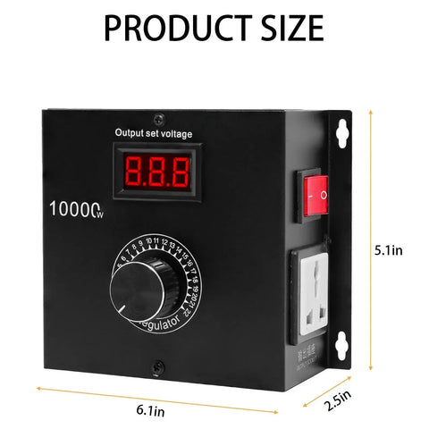 Heavy Duty AC Variable Speed Controller For Tools And Appliances, dimensions shown, 120V to 240V input, adjustable output up to 220V, 22A max