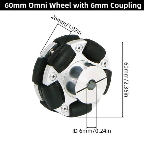 60mm Omni Wheel Aluminum Alloy Rubber Tire For Omnidirectional Movement With 6mm Inner Dia Flange Coupling Built Tough For ROS Smart Car Chassis And 4WD Robots Heavy Load Bearing Smooth Steering Easy Mounting And Reliable Long Lifespan