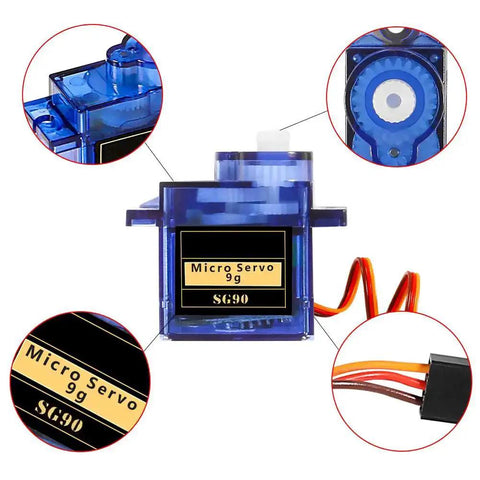 Close-up of Eight Piece SG90 9G Micro Servo Motors Kit for RC Projects and Arduino with wires and gears visible