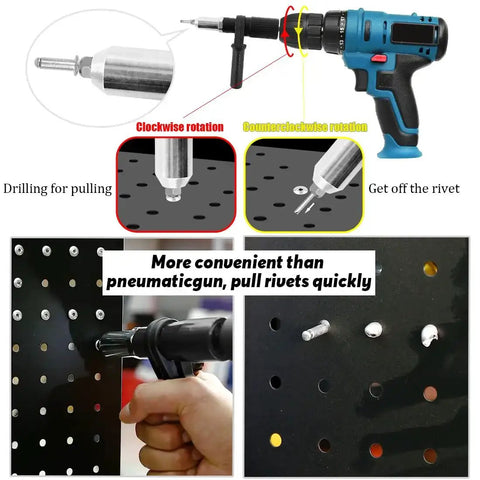 211Pcs Black Alloy Steel Electric Rivet Gun Adapter Kit With 2.4mm 3.2mm 4.0mm 4.8mm Rivet Heads Includes Handle Wrench And 500Pcs Aluminum Blind Rivet Kit For Quick Strong Fastening shown in use on metal sheet