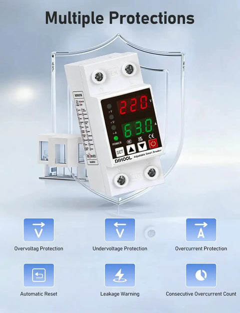 Smart Circuit Breaker With Adjustable Voltage Protection 70-200V Low Cutoff, 140-300V High Cutoff, 1-63A Overcurrent Protector