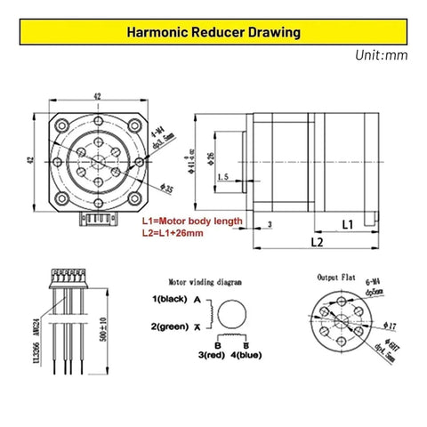 Technical drawing of a mini harmonic reducer strain wave gear reducer and harmonic drive actuators motor kit, showcasing measurements and wiring.
