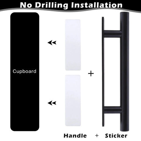 Diagram of 8 Pack Self Adhesive Cabinet Handles In Black ABS Plastic Push Peel And Stick Door Pulls with no drilling installation details.