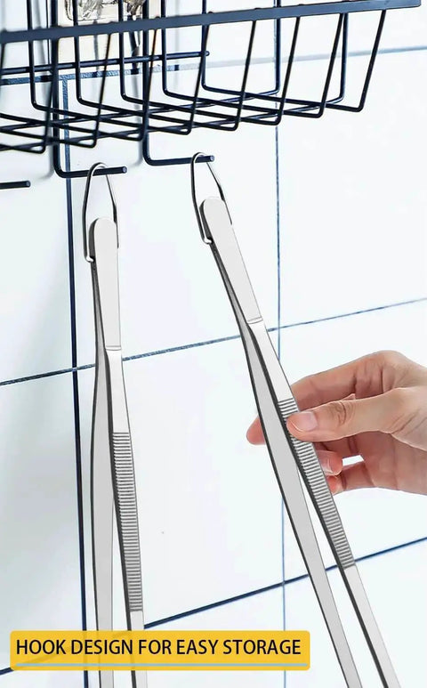 Two Pack 12-Inch Kitchen Tweezers Set hanging on hook, showing extra long stainless steel fine tweezer tongs for flipping and garnishing.