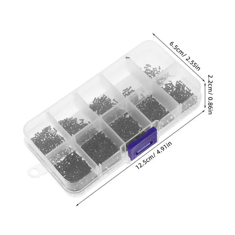 Clear plastic box with sections holding 1000 Piece PA Round Head Self Tapping Screws Set For Electronics For DIYers And Pros M1.3 M1.4 M1.5