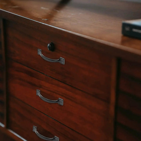 Matte Black 4 Inch Cabinet Handles Set Of 4 Metal Drawer Pulls With Screws For Rustic Dresser Installed on Wooden Drawer