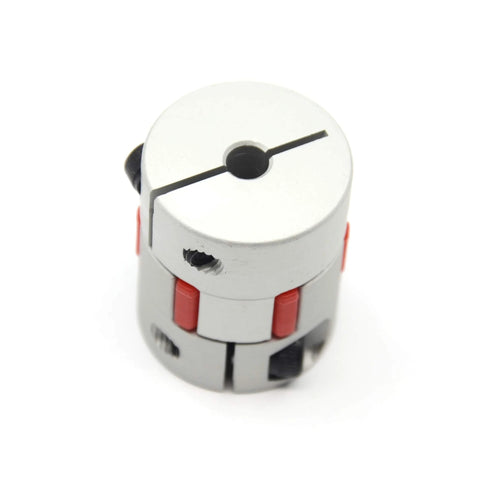 Aluminum plum-style flexible shaft coupling, 25 mm diameter, 30 mm length, for 5–8 mm shafts, red locking screws