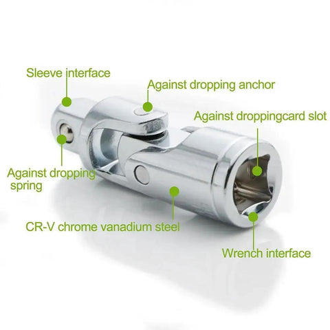 Close-up of chrome-vanadium universal joint adapter for 1/4, 3/8, and 1/2 in drives
