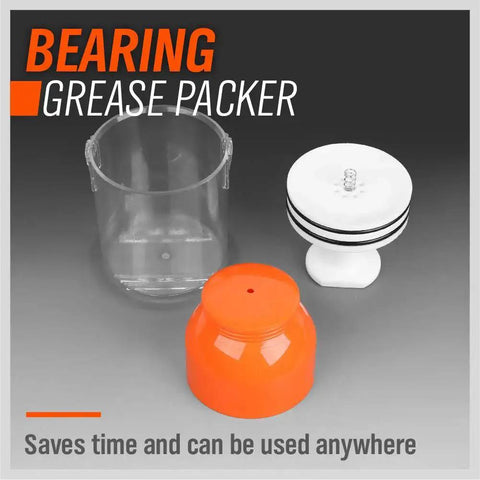 Premium Wheel Bearing Packer Tool Kit With Self Contained Piston For Effortless Repacking shown with orange lid and components