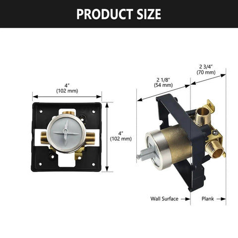 Solid Brass Shower Valve Kit For Delta R10000 UNBXHF One Pack High Flow 3 Port Half Inch Connection shown with dimensions