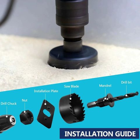 18Pcs Hole Saw Kit for Wood and PVC with 3/4 to 5 Inch Saw Blades in use on wood, with installation guide visible