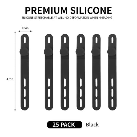 25 Pack Reusable Silicone Cable Ties Ultra Flexible Cord Wraps For Electrical Cords Phone Chargers Earphones And USB Cables No Scratch High Elasticity Up To 36cm Black front view