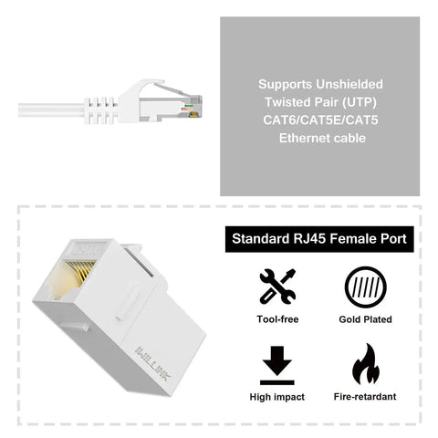 Image showing Cat6 RJ45 Keystone Coupler 25 Pack Female to Female UTP Inline Jack for Ethernet, white, with tool-free design and gold-plated contacts.