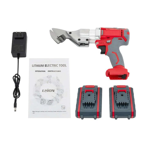 21V Electric Metal Shears With Swivel Head, Heavy Duty Sheet Metal Cutter, charger, manual, and two batteries displayed