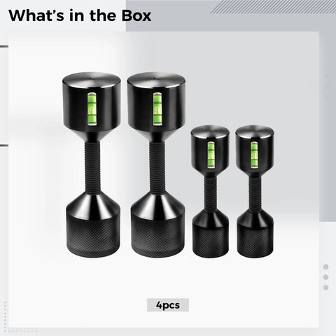 2 Piece Aluminum Flange Dowel Pin Set With Foam Spirit Level Alignment, Adjustable Height, Black Coating, Four Sizes