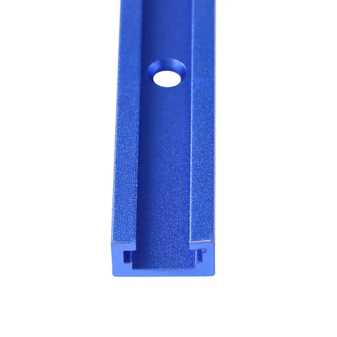 Close-up of a blue anodized double cut profile T track from Four 48 Inch Aluminum T Tracks With Screws For Woodworking.