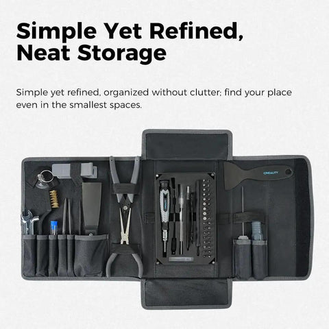 Ultimate 74 Piece 3D Printer Tools Kit For Assembly And Finishing Deburring Nozzle Cleaning Filament Cutting And Model Processing Creality Compatible For All FDM Printers displayed in folding storage bag