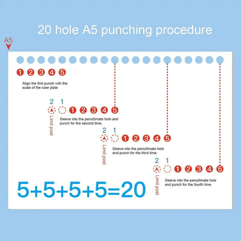 Illustration of 20 hole A5 punching procedure for Grab And Go 5 Hole Paper Puncher Mini Handheld Circle Punch Tool