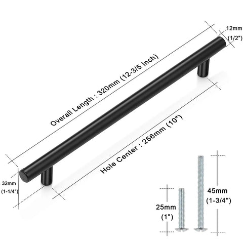 10 Pack 256mm Center To Center Black Bar Cabinet Pulls Modern T Bar Handles, hollow stainless steel, 12mm dia, 32mm projection, 12 inch length