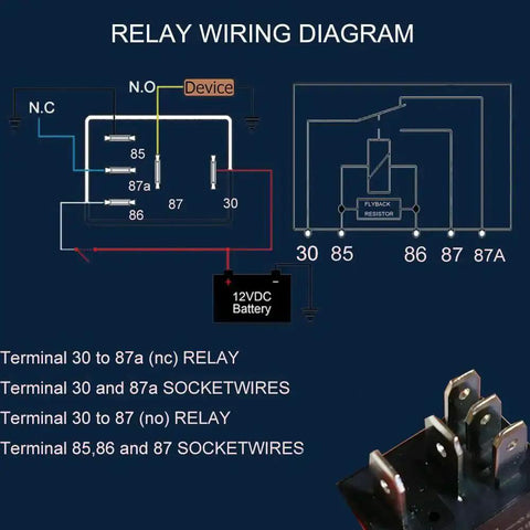 Wiring diagram for 12V 30A 5 Pin SPST Automotive Relay With Harness Kit Two Pack Manual Relay Replacement.