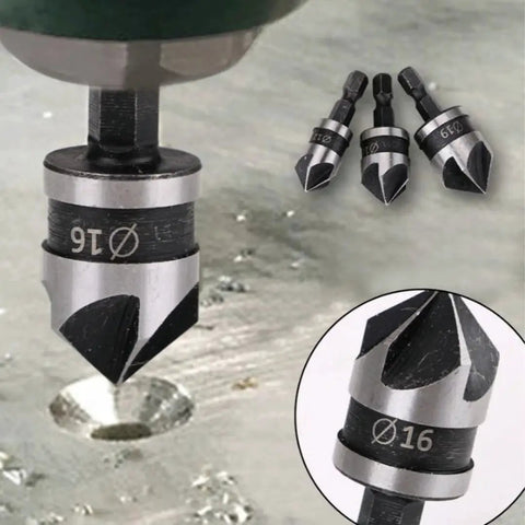 Three Piece Countersink Chamfer Drill Bit Set With One Quarter Inch Hex Shank 90 Degree Chamfer Five Flute Fast Cutting