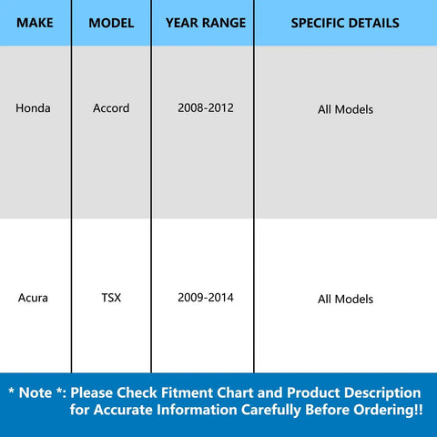Fitment chart for Pair Rear Wheel Bearing And Hub Assembly Fits Acura TSX 2009 To 2014 And Honda Accord 2008 To 2012