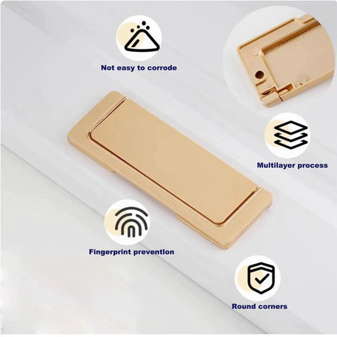 Gold rectangular handle with rounded corners and fingerprint prevention, showcasing multilayer process and corrosion resistance symbols.