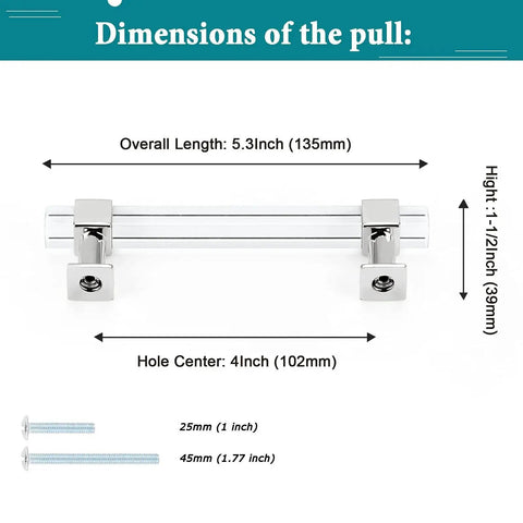 10 Pack Modern Acrylic Cabinet Handles With Clear Square Tube And Polished Chrome Base, 4 Inch Hole Centers (102mm CC)