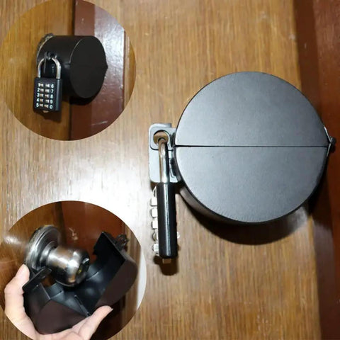 Kid Proof Door Knob Locking Device for Bedroom Doors, Metal Black, Prevents Turning Of Knob And Keyhole Access, installed with padlock